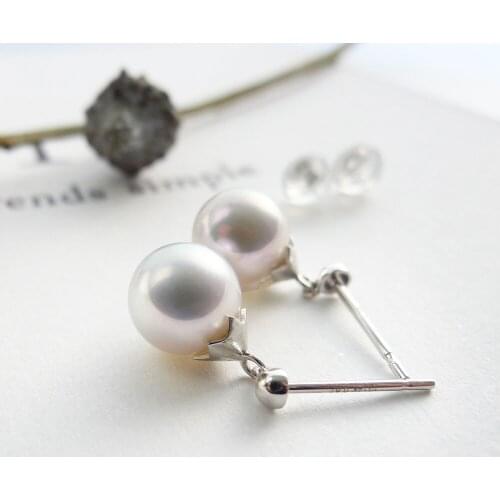 Free Shipping AAA 8-8.5mm White Real Akoya Cultured Pearl Drop Earrings Dangle 14K White Gold #0207