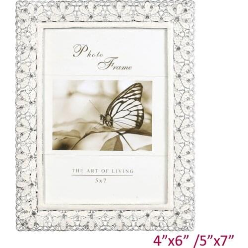 Wedding Accents Shiny Silver Plating Hollow White Flower with Rhinestones Jeweled Rectangle 4x6,5x7 inch Metal Alloy Photo Frame