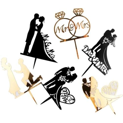 New 1Pcs Wedding Cake Topper Bride Groom Mr Mrs Acrylic Black Gold Cake Toppers Wedding Decoration Mariage Party Supplies