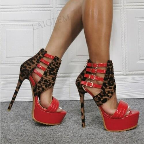 BERZIMER SUPER Women Platform Sandals Patchwork Back Zip Heels Pumps Buckle Straps Pumps Female Shoes Woman Big Size 41 44 48 52