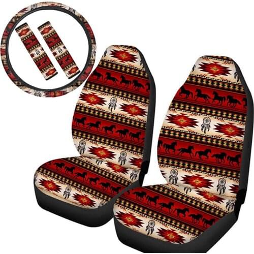 INSTANTARTS Tribal Horse Printing Polyester Fabric Universal Seat Belt Pads Fashion Vehicle Seat Covers Steering Wheel Cover Hot