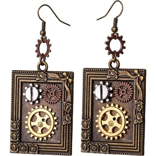 Women Steampunk Antique Women Gear Square Pendant Dangle Long Hook Earring Club Jewelry