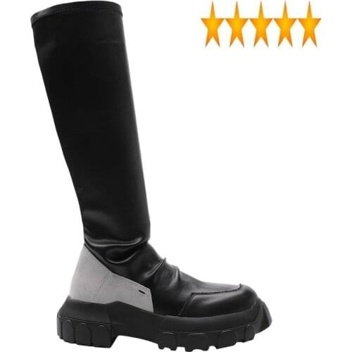 Womens Stretchy Knee Fashion High Quality Leather Antiskid Thick Platform Shoes Lady Warm Fleece Slip On Knight Boots