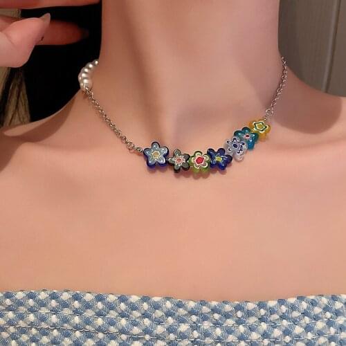 Korean Bohemian Imitation Pearl Necklace For Women Sweet Girls Choker Necklace Multicolor Flower Beads Necklace Jewelry