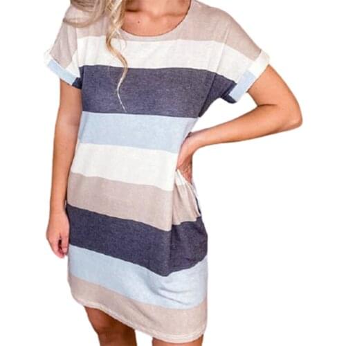 Summer Dress For Women Stripe Print Casual Loose Mid-waist O Neck Short Sleeve Dress Leisure Dresses Vestidos Mujer Verano 2021