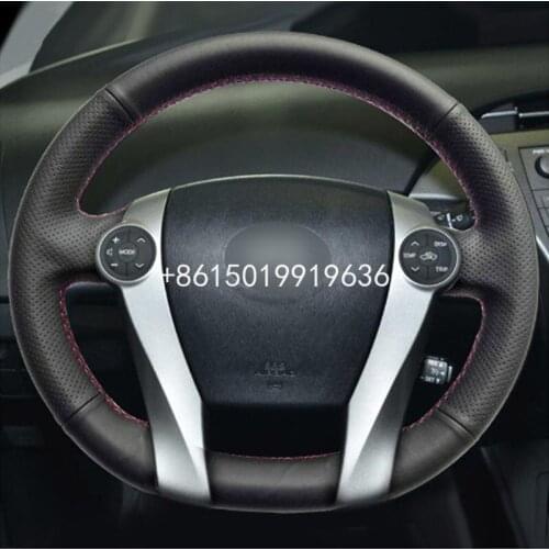 Top Black Leather Car Steering Wheel Hand-stitch on Wrap Cover For Toyota Prius 2009-2015