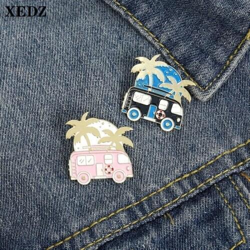 Lets travel! Romantic coconut tree bus enamel pin wilderness pink blue sky color swimming ring punk couple brooch holiday gift