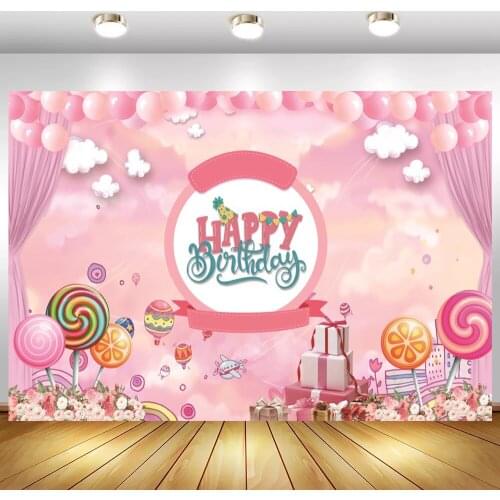 Sweet Lollipop Girl Birthday Cake Smash Photography Background Pink Theme Balloons Custom Candy Dessert Table Decor Backdrops