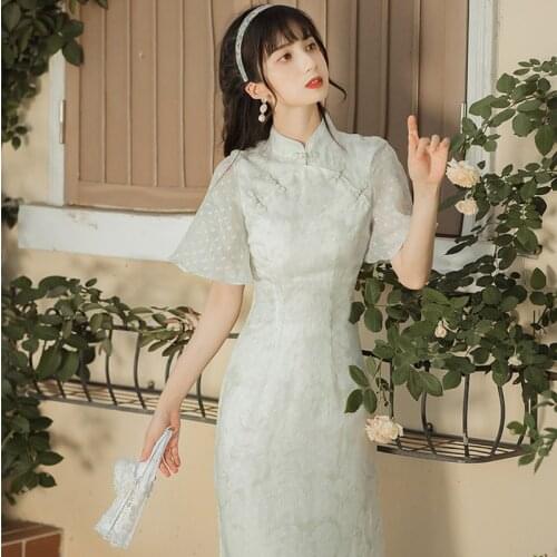 Chinese Style Dress for Women Embroidery Cheongsams Dress Modern Elegant 2021 Summer Qipao Sweet Chiffon Party Dresses for Girls