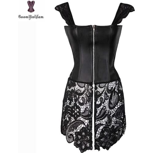 Corset Dress With Laciness Skirt Plus Size 6XL Steampunk Bustier Black Red Brown Corselet Faux Leather Outwear Dress Bone Korset