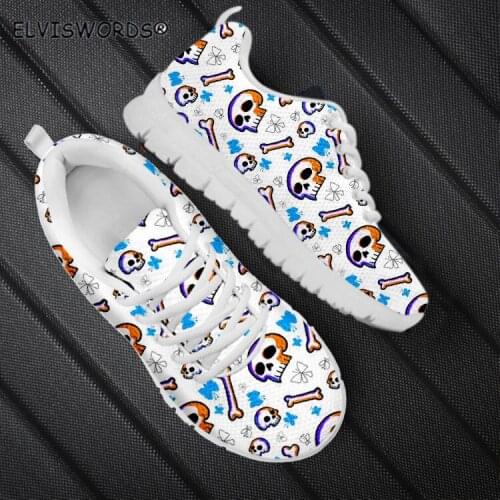 ELVISWORDS Bone with Skull Printed Lace Up Sports Shoes for Ladies Stylish Womens Flat-Shoes Casual Womans Air Mesh Sneakers