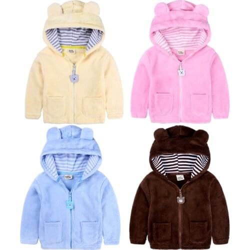 Winter Fall Warm Thick Coral Fleece Baby Boys Girls Coat Long Sleeve Cute Ear Hooded Solid Jacket Infant Zipper Coat Warm Cute