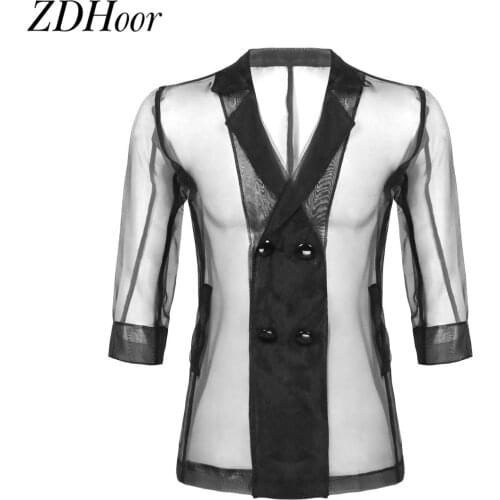 Mens Fashion Transparent Shirts Lapel Collar 3/4 Sleeves See Through Sheer Double-Breasted Shirt Tops Coat Party Nightclub Shirt