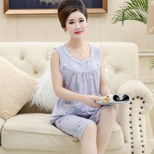 Newest Summer Pyjamas Women Cotton Cartoon Vest Pajamas Set Round Neck Sleeveless Loose Soft Plus Size M-4XL Ladies Sleepwear