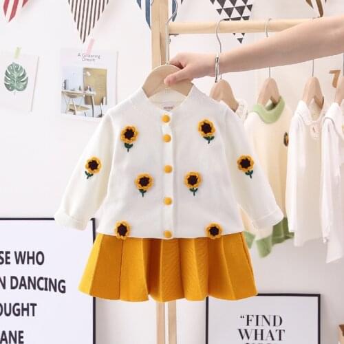 Autumn Clothing Sets Christmas Baby Girl Clothes 2021 New Casual Printing Knitted Sweater Cardigan+Pleated Skirt Two-Piece Suit