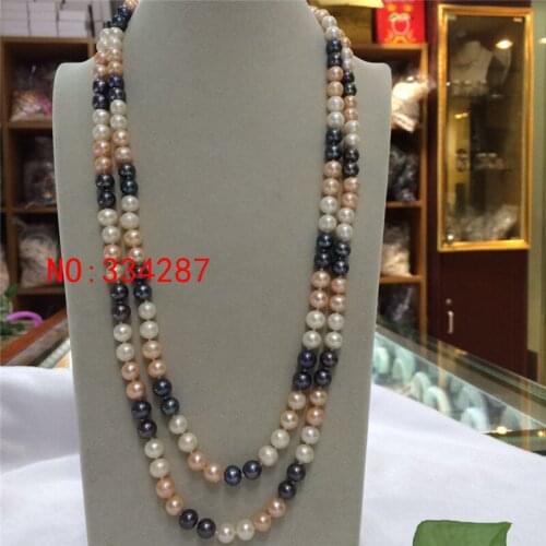 New long natural freshwater pearl necklace white pink black multicolor necklace 8-9MM AA 50 inch Long sweater chain