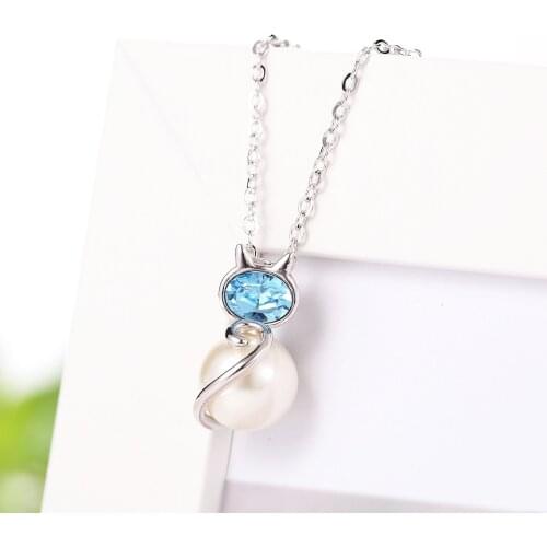 Monemel Blue Swarovski Crystal With Pearl Cat Necklace Gift (kitten)