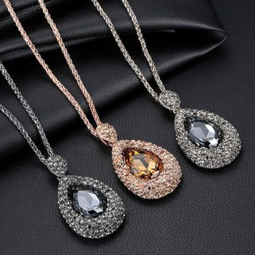 Fashion Korean Womens Necklace Rhinestone Crystal Water Drop Pendant Long Sweater Chain Necklace For Women Party Jewelry