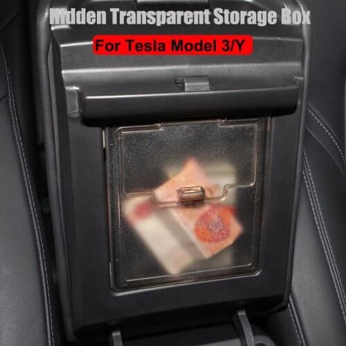 Hidden Transparent Storage Box For Tesla Model 3 Y 2021 Center Console Organizer Auto Armrest Box Over Model3 Car Accessories