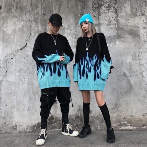 2021 O-neck Sweater Female Hip-hop Harajuku Style Flame Jacquard Womens Wweater Couple Pullover Knit top Loose Mens Weater Top