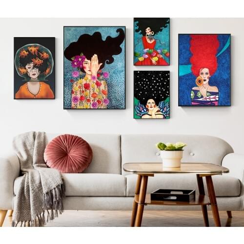 Vintage Girl Hair Flowers Fish Tank Art Canvas Print Painting Abstract Figure Wall Picture Living Room Home Decoration Poster