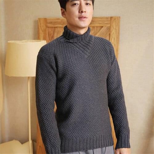 High grade 100% hand made pure wool turn-down collar knit men brief solid slim H-straight pullover sweater one&over size