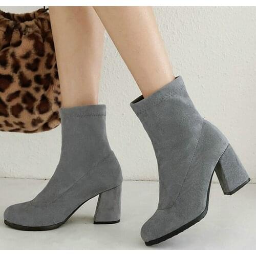 Women Ankle Boots Artificial Suede Square High Heels Retro Round Toe Elastic Boots Ladies Comfortable Winter Autumn Shoes Black