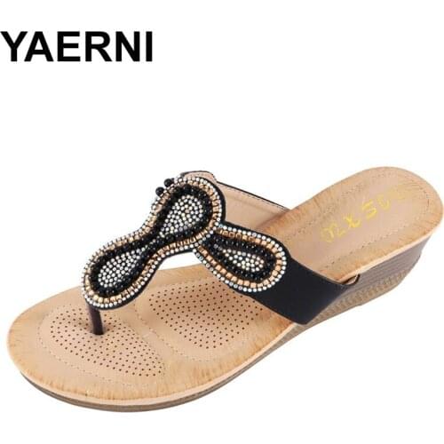 YAERNI slippers for women accessories non-slip flat crystal flipping comfortable laptop Joker beaded slippers toe casual shoes