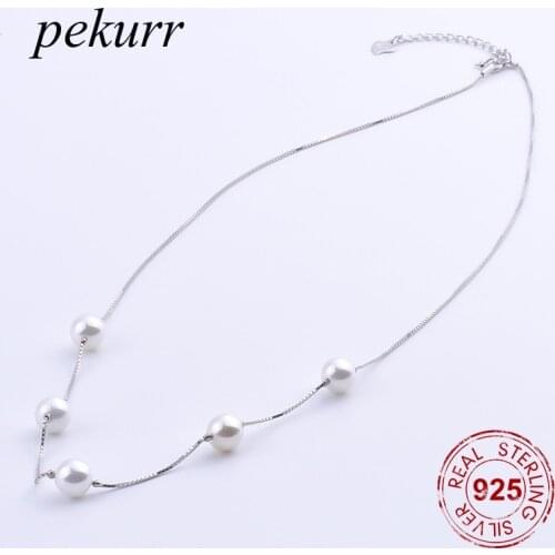 Pekurr 925 Sterling Silver 6mm White Shell Pearl Necklaces For Women Long Box Chains Pendants Fashion Jewelry Gifts