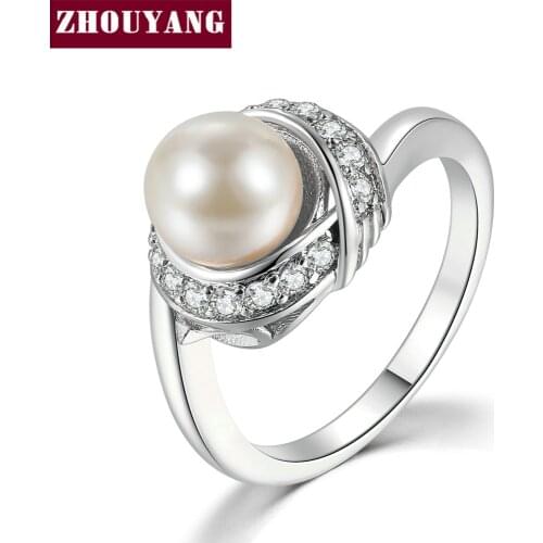 ZHOUYANG Wedding Rings For Women Simple Imitation Pearl Cubic Zirconia Silver Color Engagement Gift Fashion Jewelry R670 R676