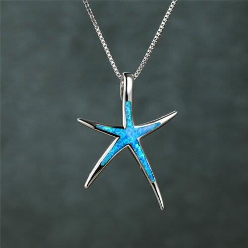 Cute Female Sea Star Animal Pendant Necklace Silver Color Wedding Necklace Boho Green Blue Imitation Opal Necklaces For Women