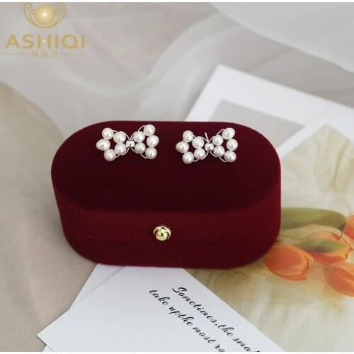 ASHIQI Natural Freshwater Pearl Earrings Hand-woven Bow 925 Silver Jewelry Women 2021 Trend