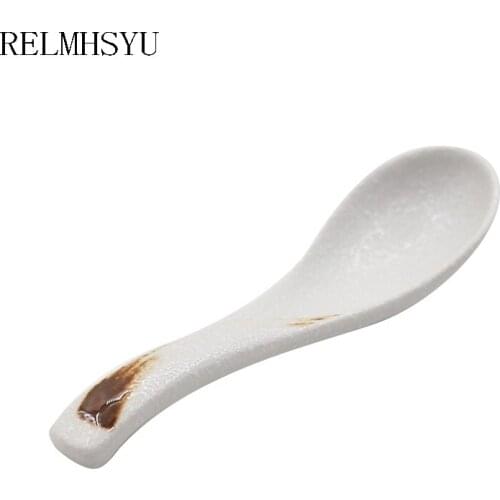 1PC RELMHSYU Japanese Style Retro Ceramic Small Soup Rice Dinner Spoon Household Restaurant Tableware
