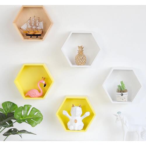 1PC Creative Wooden Shelf Home Wall Decorative Shelf For Baby Kids Boy Girls Room Decorations Wall Decor Hexagon Wood Shelf