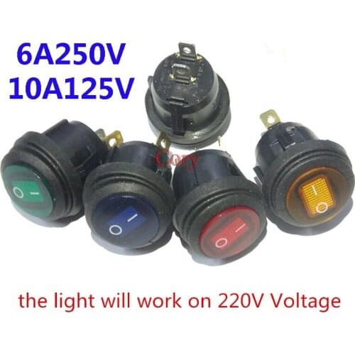 2PCS Rocker Switch Round Waterproof KCD1 2/3 Pins 2 Positions ON-OFF 6A 250V 10A 125V Yellow/Blue/Red/Green Light Black no light