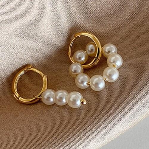 2021 Hoop Earrings Double Circle Comfortable to Wear Golden Asymmetrical Faux Pearl Earrings for Daily Wear Work Beach Party