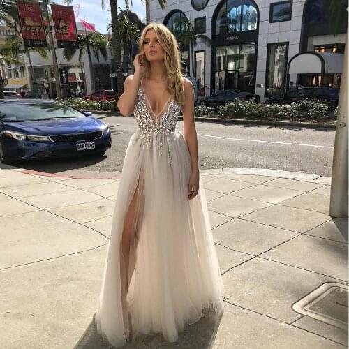 Alagirls 2020 Boho Wedding Dress V-Neck Sleeveless Crystal Beading Simple Bridal Dresses Split Wedding Gown vestido de noiva