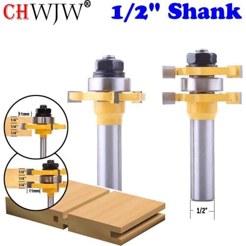 CHWJW 2PC 1/2" Shank Matched Tongue & Groove Router Bit 3/4" Stock 3 Teeth T-shape Wood For Woodworking Tool