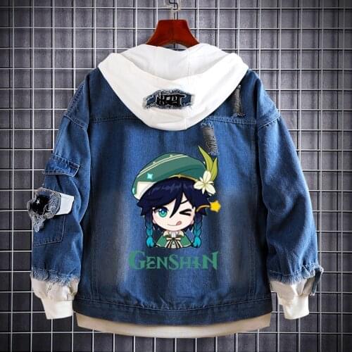 Game Genshin Impact Costume Jeans Jacket Venti Keqing QiQi Cosplay Hoodie Denim Fashion Jackets Hooded Outwear Coat Adult