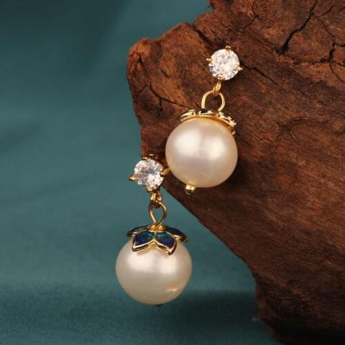 Ethnic Fashion enamel Freshwater pearl drop earring Simple retro classic crystal earrings for women Jewelry