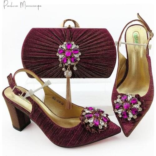 Italian Design Hot Selling Maganta Color African Crystal Style Nigerian Women Shoes and Bag Set Decorated With Rhinestone