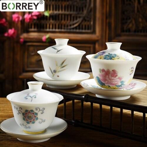 BORREY Ceramic Tea Set Tureens White Porcelain Gaiwan Teacup Kung Fu Tea Bowl Hand Painted Jade Porcelain Teapot Puer Kettle