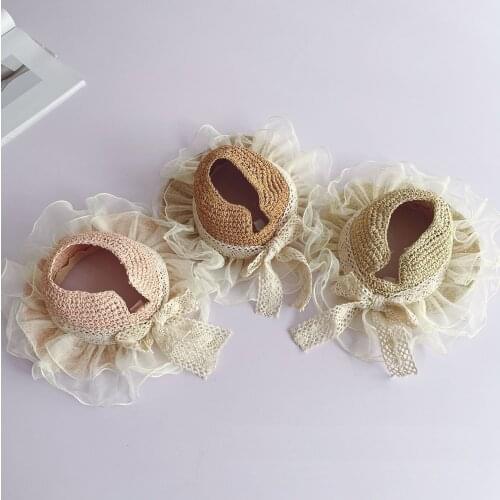 Cute Children Emply Head Sun Hat Girls Lace Ribbon Bow Sun Protection Straw Hats Summer Outdoor Beach Cap mutsen For Kids