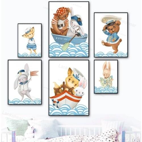 Cute Cartoon Captain Bear Rabbit Ship Sailing Wall Art Canvas Painting Nordic Posters and Prints Wall Pictures Kids Room Decor