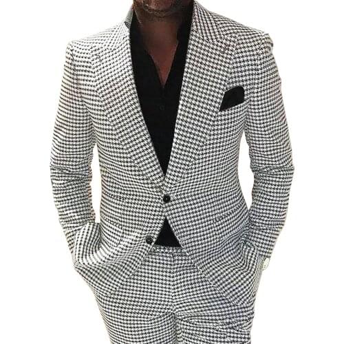 VEIAI Mens Houndstooth Suits Formal Notch Lapel Wool/Tweed Tuxedo For Wedding Prom Blazer Best Man Suits 2 Pieces (Blazer+Pants