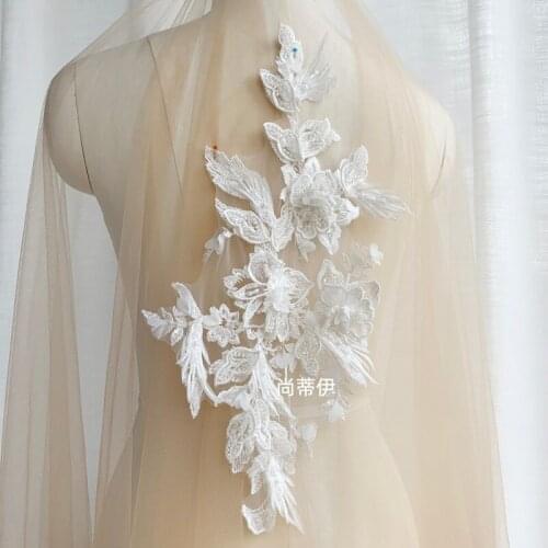 New 3D Beaded Flower Luxury Embroidered Applique Lace DIY Veil Applique Medallions Piece For Bridal Dress