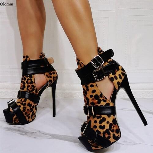 Olomm New Arrival Women Platform Sandals Sexy Leopard Stiletto Heels Open Toe Pretty Black Party Shoes Women US Plus Size 5-20