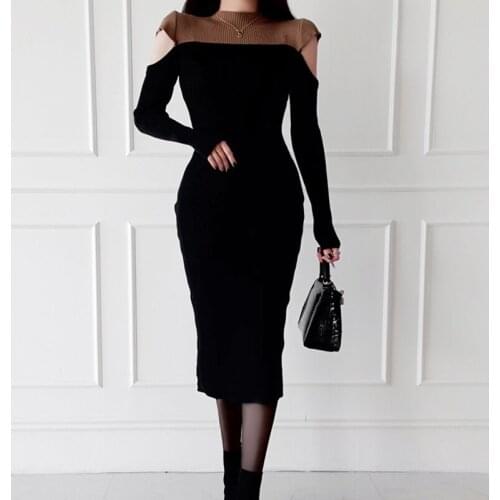 New Fashion Women Elegant Office OL Sexy Off Shoulder Hit Color Dresses Ladies Temperament Slim Knitted Party Dresses