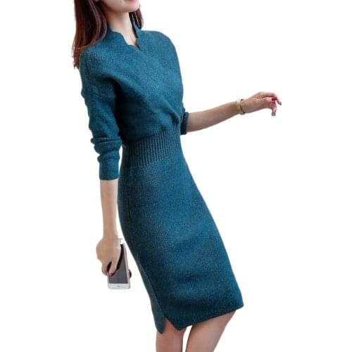 Autumn Winter Women Slim V-neck Knitted Sweater Dress Female Bodycon Tricot Pullovers Dress Knitwear Elegant Vestidos K250