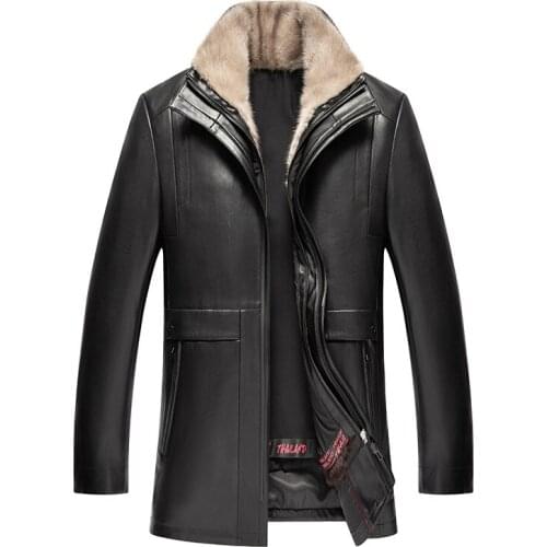 Middle aged and old mens sheepskin leather knick Mink Collar detachable rabbit liner medium long fur coat